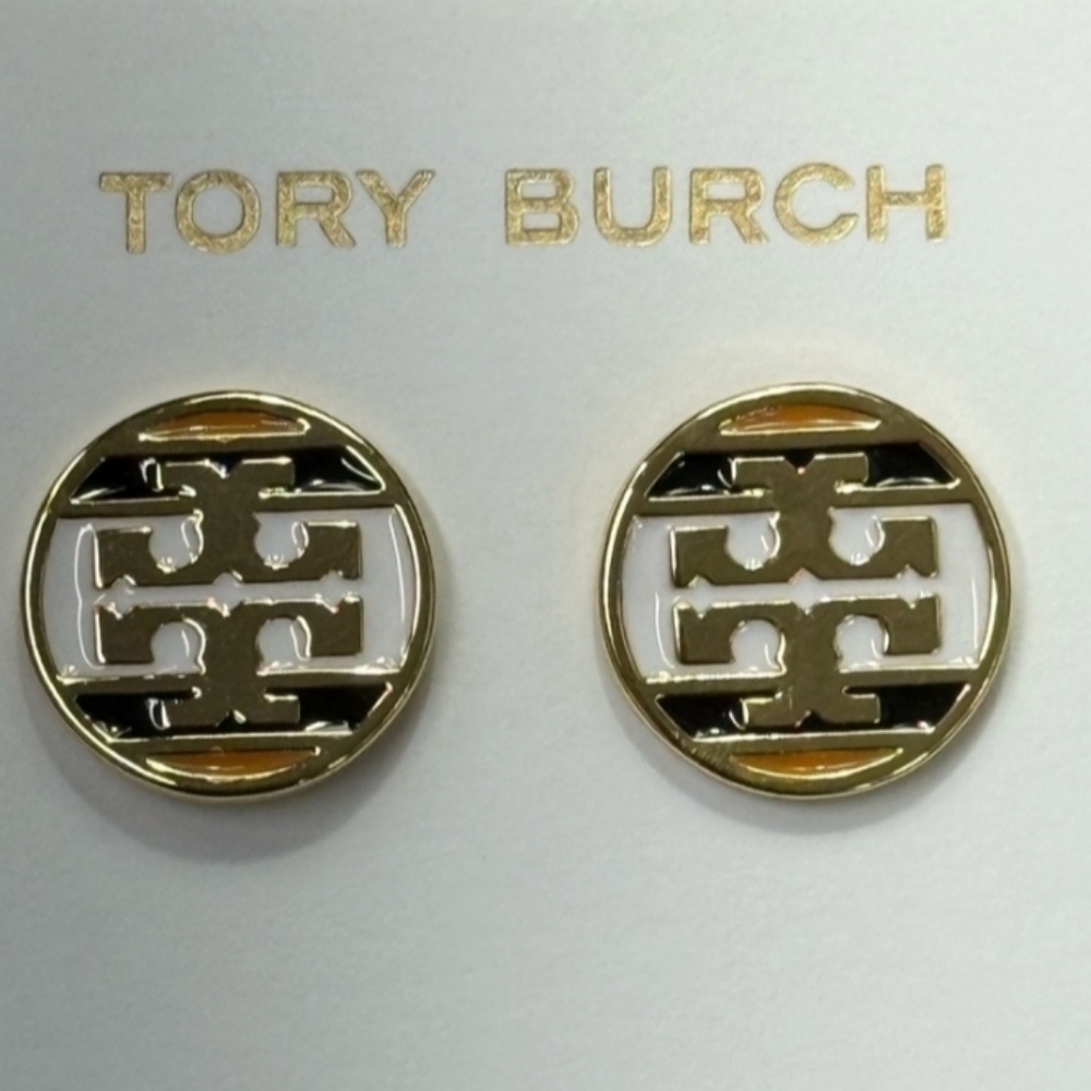 Tory Burch Gold and Black Logo Earrings